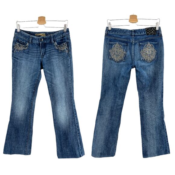 Express (6) Stella Bootcut Jeans (30x29) Shirt Dark Wash Low Rise Crystal Stud - Picture 1 of 13